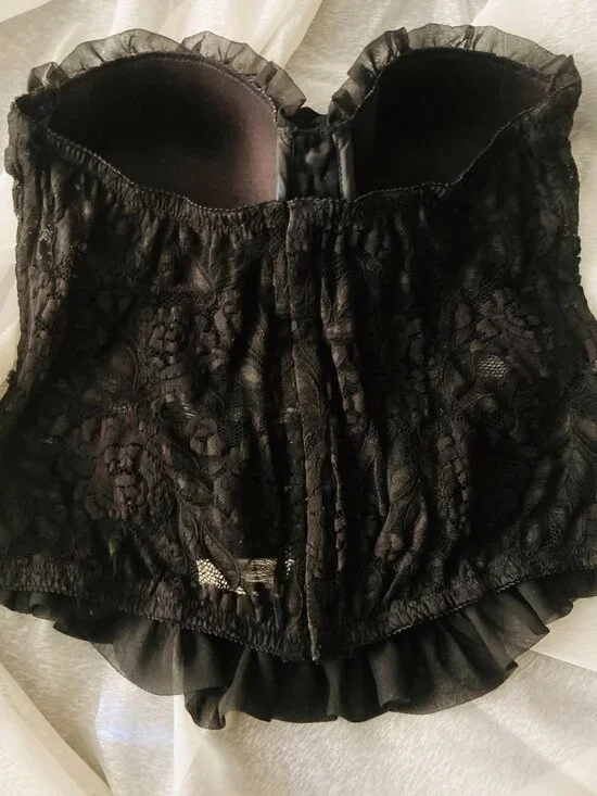 Rare: Vintage Christian Dior Black Lace + Chiffon Rose Detail Bustier - Size 34B - Picture 3 of 11